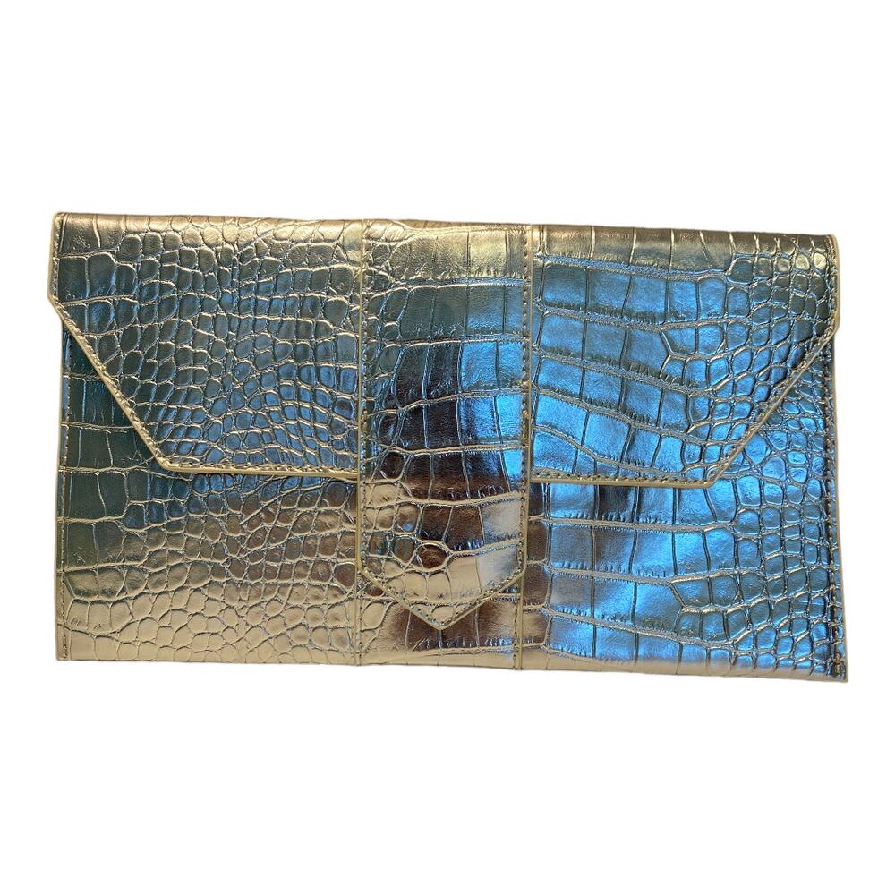 JJ Winters Envelope Clutch Small Gold Metallic Reptile Crocodile Faux Leather